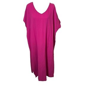 Eileen Fisher Organic Cotton Gauze V-Neck Midi Dress Fuchsia 3XL  Minimalist